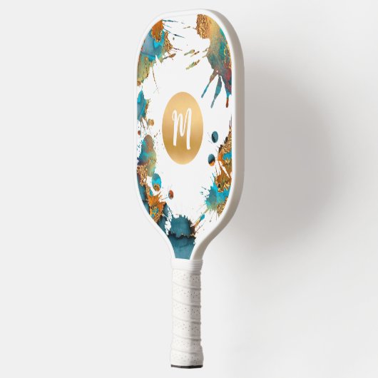 Monogram Waterverf Gold Turquoise Oranje Splatter Pickleball Paddle (Links)