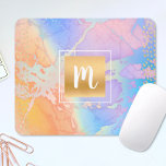 Monogram waterverf goudturquoise oranje paars muismat<br><div class="desc">Een sparkly, faux gouden folie monogram vierkant en langwerpige stippen leggen een pastel turquoise blauw, paars, roze, en gele oranje achtergrond op deze chemische, girale, moderne monogramed mousepad. Maakt een stijlvolle en stijlvolle verklaring telkens als u het gebruikt. Een geweldig cadeau voor een vriend, maar ook voor jezelf. Typ gewoon...</div>