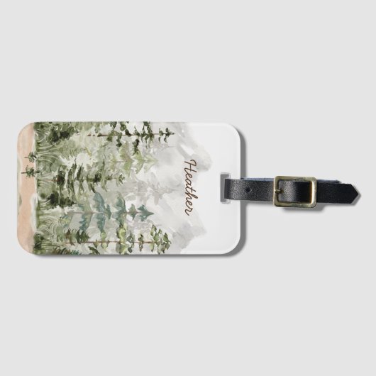Monogram Waterverf Groene dennenbos op de berg Bagagelabel (Voorkant (horizontaal))