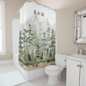 Monogram Waterverf Groene dennenbos op de berg Douchegordijn (In situ)