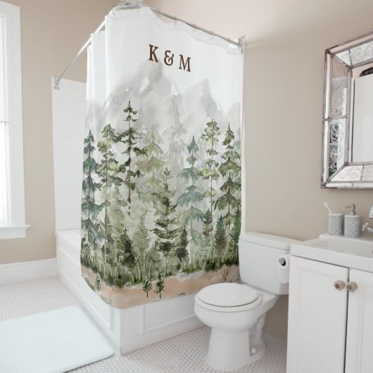 Monogram Waterverf Groene dennenbos op de berg Douchegordijn (In situ)