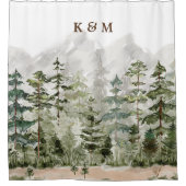 Monogram Waterverf Groene dennenbos op de berg Douchegordijn (Voorkant)