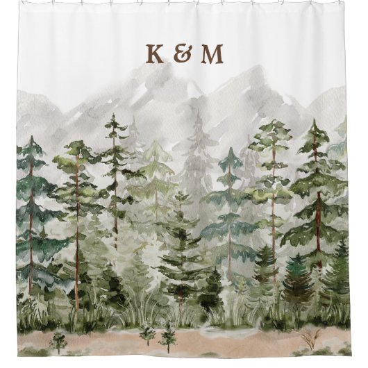 Monogram Waterverf Groene dennenbos op de berg Douchegordijn (Voorkant)