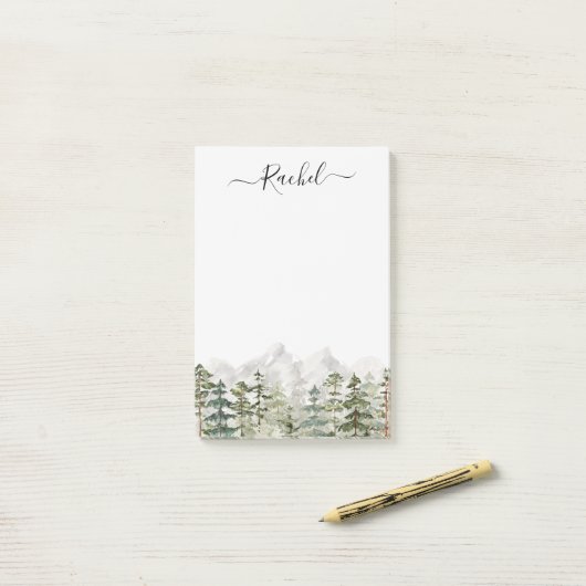 Monogram Waterverf Groene dennenbos op de berg Post-it® Notes (Op bureau)