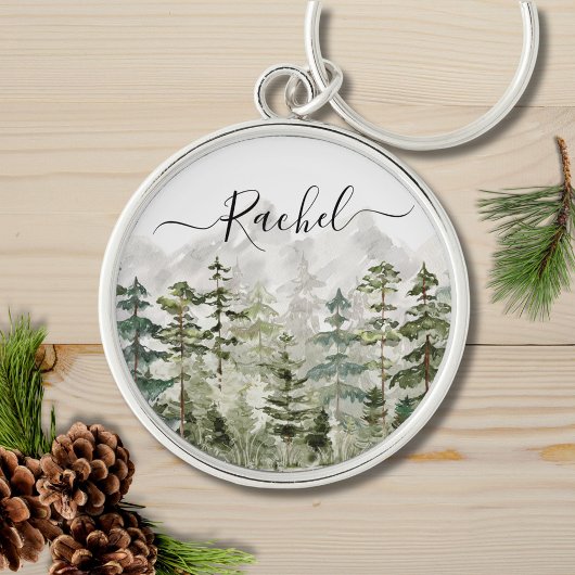 Monogram Waterverf Groene dennenbos op de berg Sleutelhanger