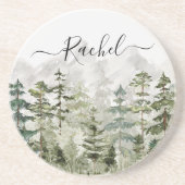 Monogram Waterverf Groene dennenbos op de berg Zandsteen Onderzetter (Voorkant)