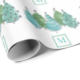 Monogram Waterverf Groene kerstbomen Cadeaupapier