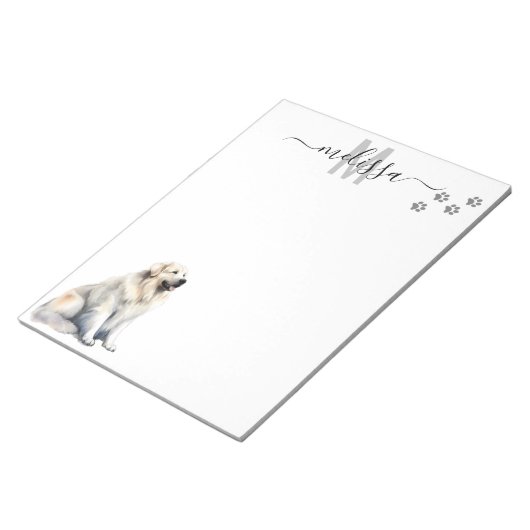 Monogram Waterverf Grote Pyreneeën Gepersonaliseer Notitieblok (Schuin)