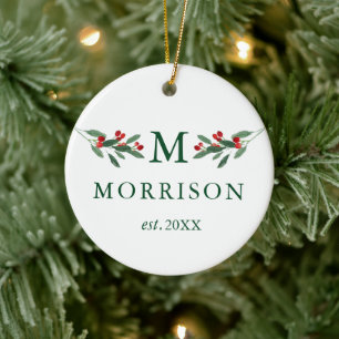 Monogram Waterverf Holly Berries Green PHOTO BACK Keramisch Ornament