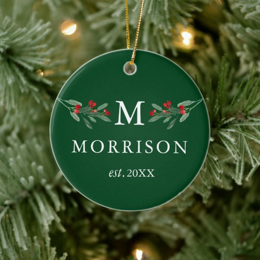 Monogram Waterverf Holly Berries PHOTO BACK Green Keramisch Ornament (Boom)