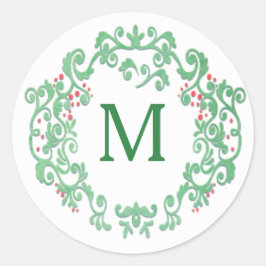 Monogram Waterverf Kerstkrans Ronde Sticker