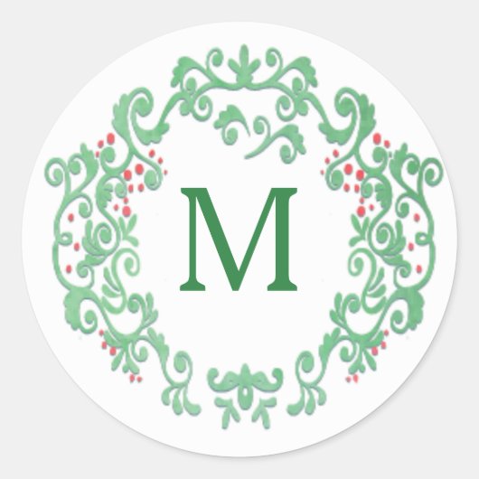 Monogram Waterverf Kerstkrans Ronde Sticker (Voorkant)