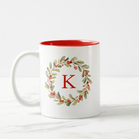 Monogram Waterverf Kerstkrans Tweekleurige Koffiemok (Links)