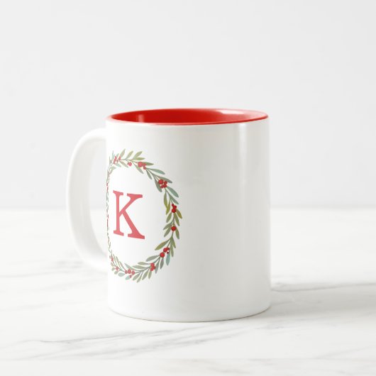 Monogram Waterverf Kerstkrans Tweekleurige Koffiemok (Voorkant links)