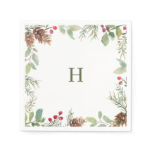 Monogram Waterverf Kerstmis Greenery Napkins