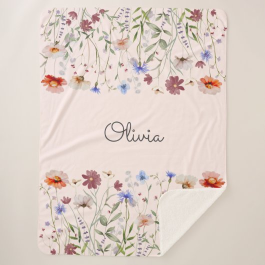 Monogram Waterverf Kleurrijke Wildflower Meadow Sherpa Deken (Voorkant)