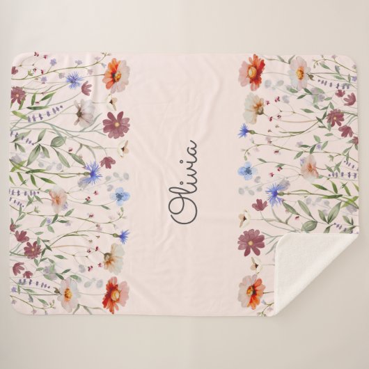 Monogram Waterverf Kleurrijke Wildflower Meadow Sherpa Deken (Voorkant (horizontaal))