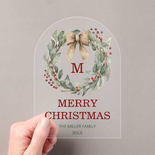 Monogram Waterverf Krans Vrolijk Kerstfeest Kaart Acryl Uitnodigingen (Insitu (Draagbaar))