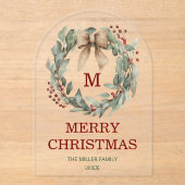 Monogram Waterverf Krans Vrolijk Kerstfeest Kaart Acryl Uitnodigingen (Voorkant)