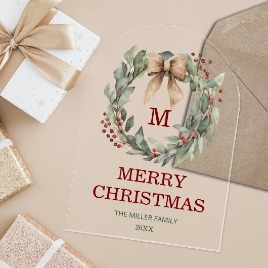 Monogram Waterverf Krans Vrolijk Kerstfeest Kaart Acryl Uitnodigingen