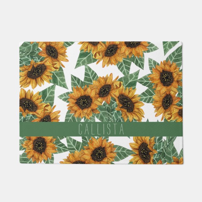 Monogram Waterverf land Cute Yellow Sunflower Deurmat (Voorkant)