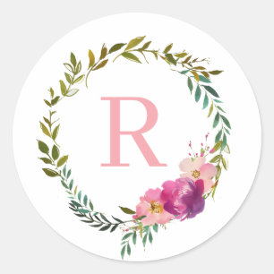 Monogram Waterverf Laurel Pink Flower Wreater Ronde Sticker