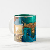 Monogram waterverf marmer goud turquoise sinaasapp tweekleurige koffiemok (Voorkant links)
