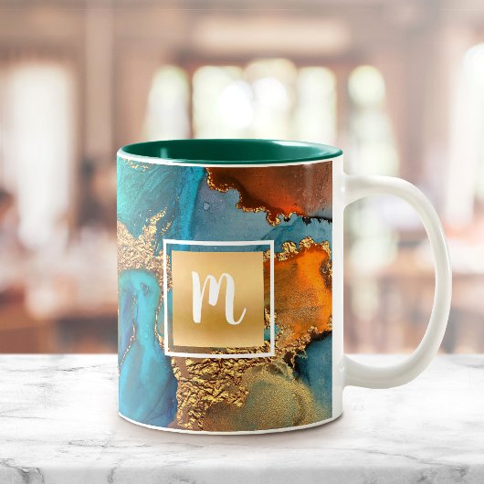 Monogram waterverf marmer goud turquoise sinaasapp tweekleurige koffiemok