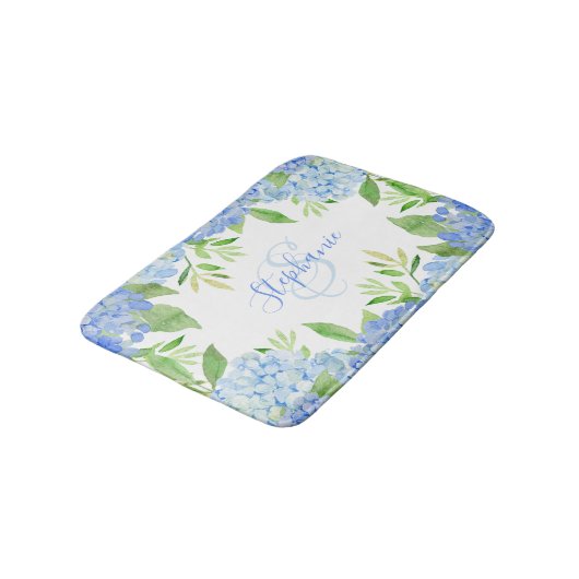 Monogram Waterverf Modern Floral Blue Hydrangea Badmat (Gekanteld)