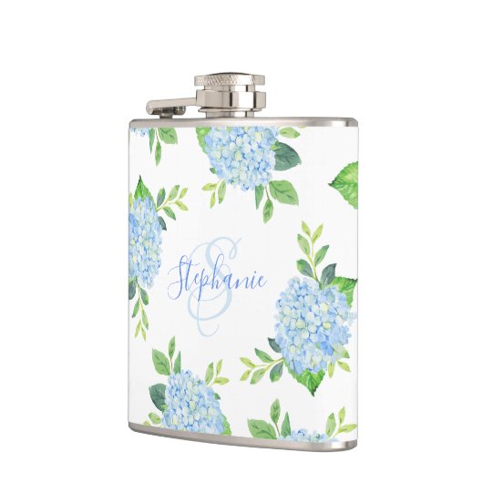 Monogram Waterverf Modern Floral Blue Hydrangea Heupfles (Links)