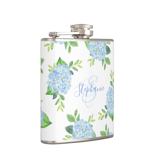 Monogram Waterverf Modern Floral Blue Hydrangea Heupfles (Rechts)