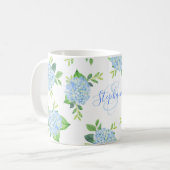 Monogram Waterverf Modern Floral Blue Hydrangea Koffiemok (Voorkant links)