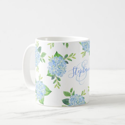 Monogram Waterverf Modern Floral Blue Hydrangea Koffiemok (Voorkant links)