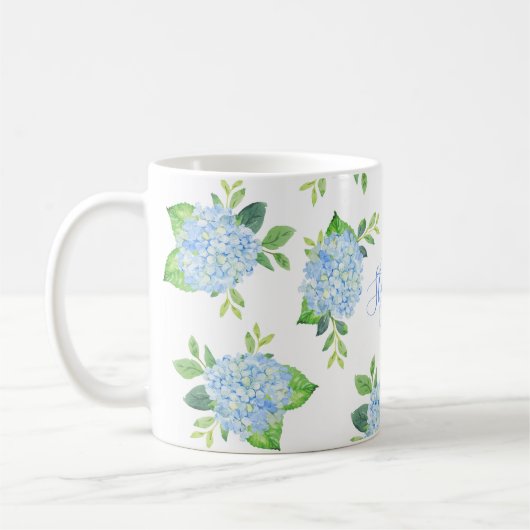 Monogram Waterverf Modern Floral Blue Hydrangea Koffiemok (Links)
