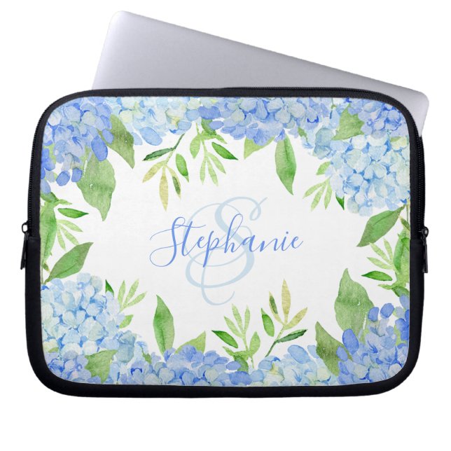 Monogram Waterverf Modern Floral Blue Hydrangea Laptop Sleeve (Voorkant)