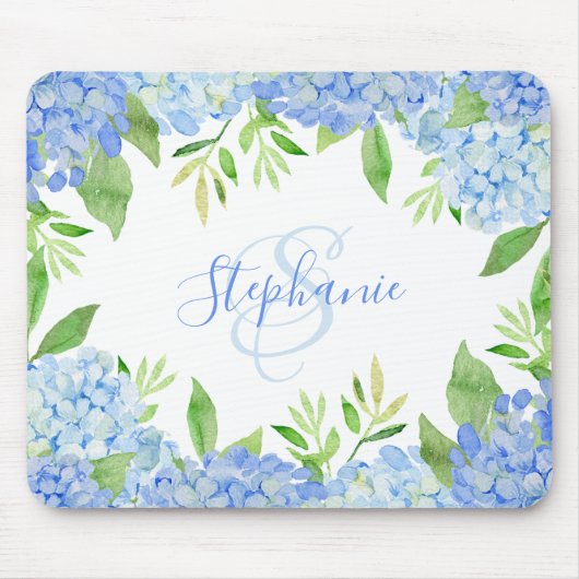 Monogram Waterverf Modern Floral Blue Hydrangea Muismat (Voorkant)