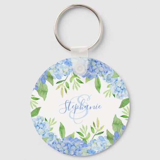 Monogram Waterverf Modern Floral Blue Hydrangea Sleutelhanger (Voorkant)