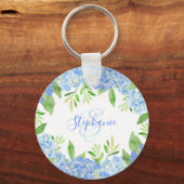 Monogram Waterverf Modern Floral Blue Hydrangea Sleutelhanger (Voorkant)
