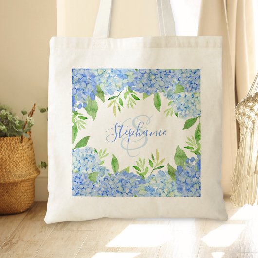 Monogram Waterverf Modern Floral Blue Hydrangea Tote Bag