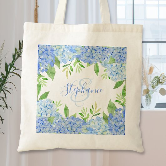 Monogram Waterverf Modern Floral Blue Hydrangea Tote Bag