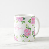 Monogram Waterverf Moderne Floral Pink Hydrangea Koffiemok (Voorkant rechts)