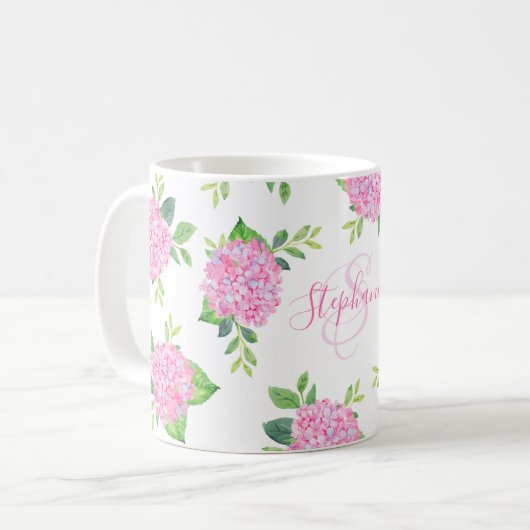 Monogram Waterverf Moderne Floral Pink Hydrangea Koffiemok (Voorkant links)