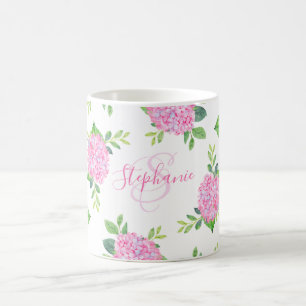 Monogram Waterverf Moderne Floral Pink Hydrangea Koffiemok
