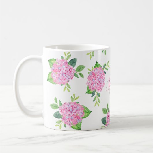 Monogram Waterverf Moderne Floral Pink Hydrangea Koffiemok (Links)