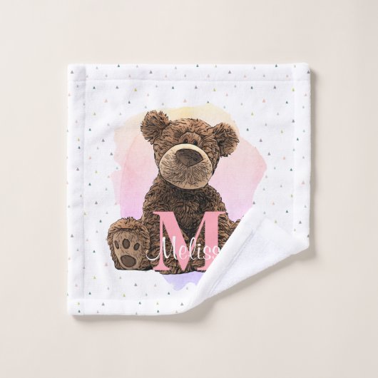  monogram Waterverf Naam Kinder Teddy Bear Washandje (Wasdoekje)