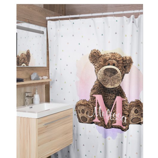  monogram Waterverf Naam Roze Teddy Bear Douchegordijn