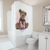  monogram Waterverf Naam Roze Teddy Bear Douchegordijn (In situ)