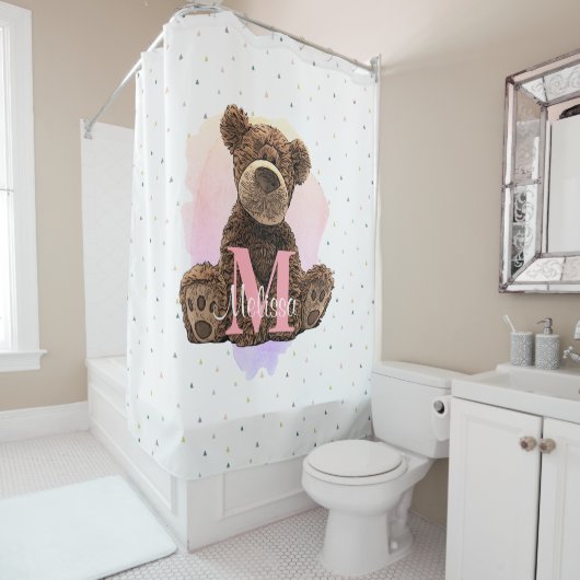  monogram Waterverf Naam Roze Teddy Bear Douchegordijn (In situ)