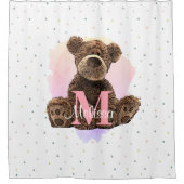  monogram Waterverf Naam Roze Teddy Bear Douchegordijn (Voorkant)