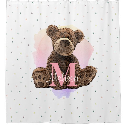  monogram Waterverf Naam Roze Teddy Bear Douchegordijn (Voorkant)